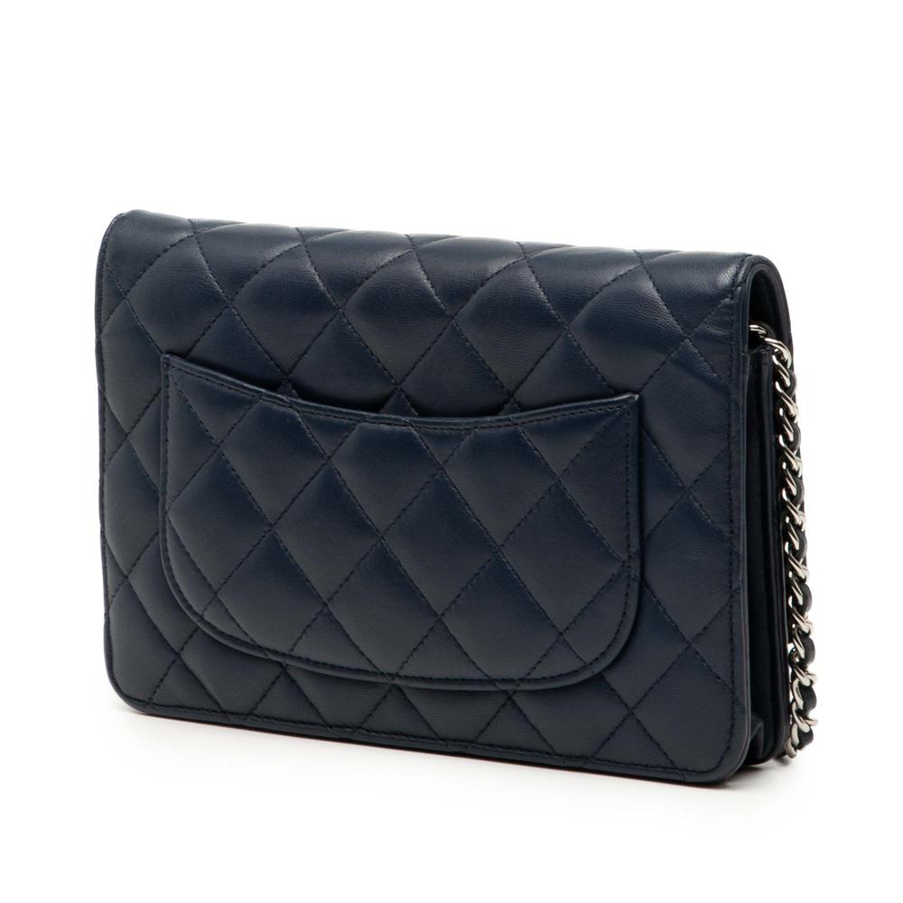 Chanel B Chanel Blue Navy Lambskin Leather Leather CC Quilted Lambskin Wallet On Chain France