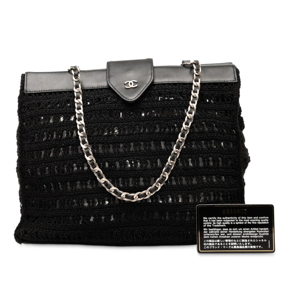 Chanel B Chanel Black Raffia Natural Material CC Crochet Chain Tote France