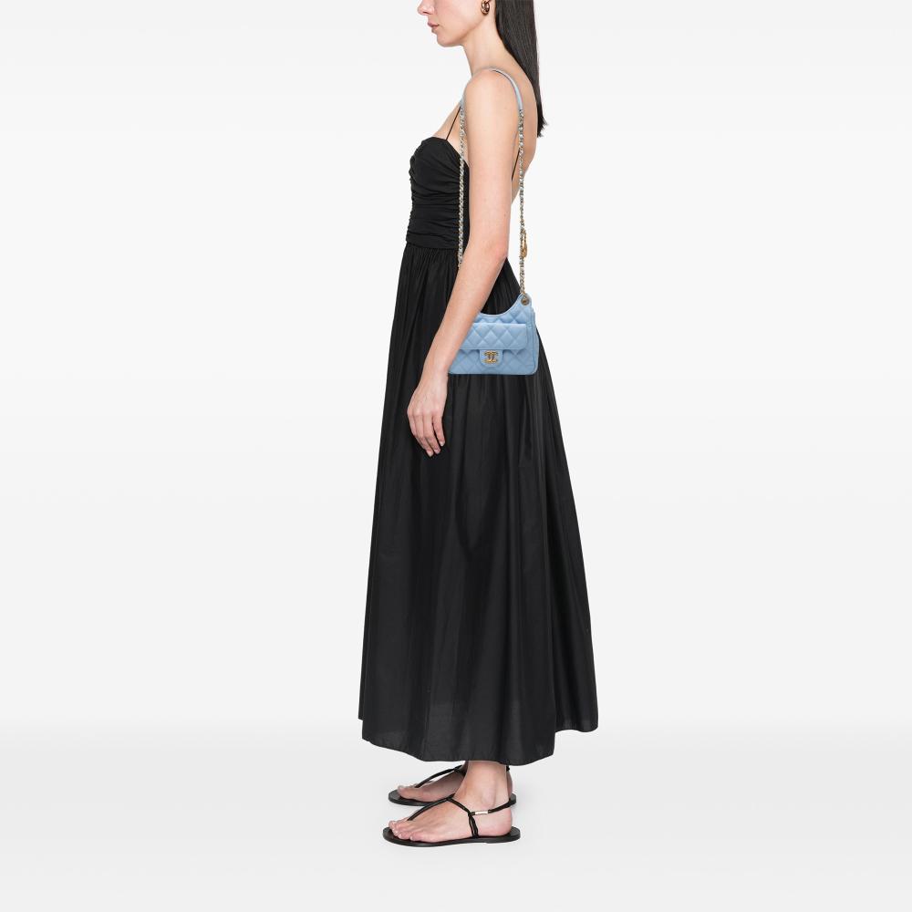 Chanel AB Chanel Blue Light Blue Caviar Leather Leather Small Quitled Caviar Wavy CC Hobo Italy