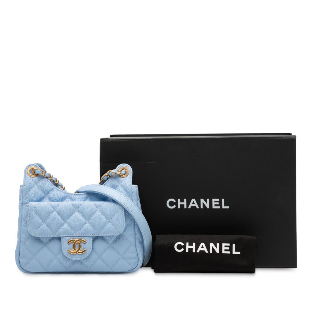 Chanel AB Chanel Blue Light Blue Caviar Leather Leather Small Quitled Caviar Wavy CC Hobo Italy