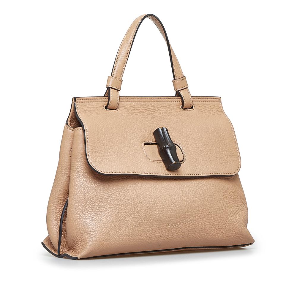 Gucci AB Gucci Brown Beige Calf Leather Small Bamboo Daily Satchel Italy