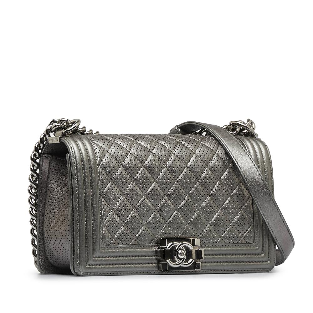 Chanel Gray Lambskin Leather Leather Old Medium Quilted Perforated Metallic Lambskin Boy Flap Italy