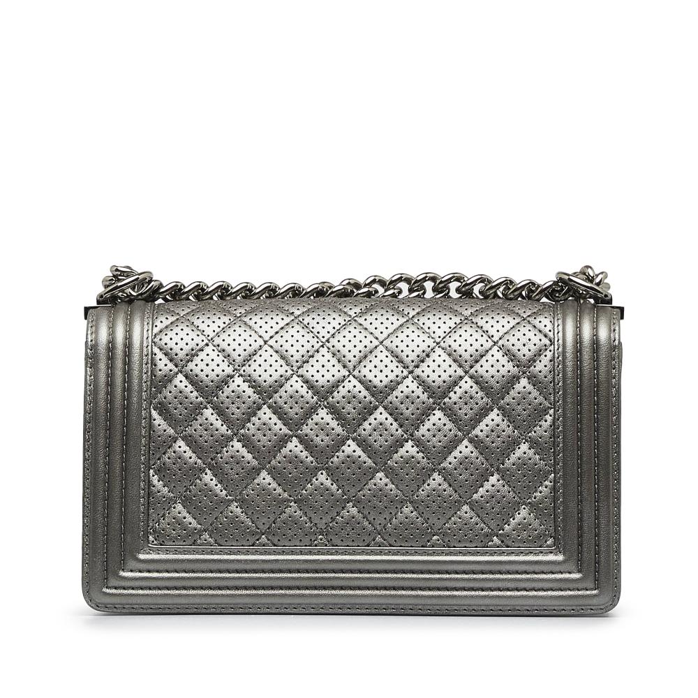 Chanel Gray Lambskin Leather Leather Old Medium Quilted Perforated Metallic Lambskin Boy Flap Italy