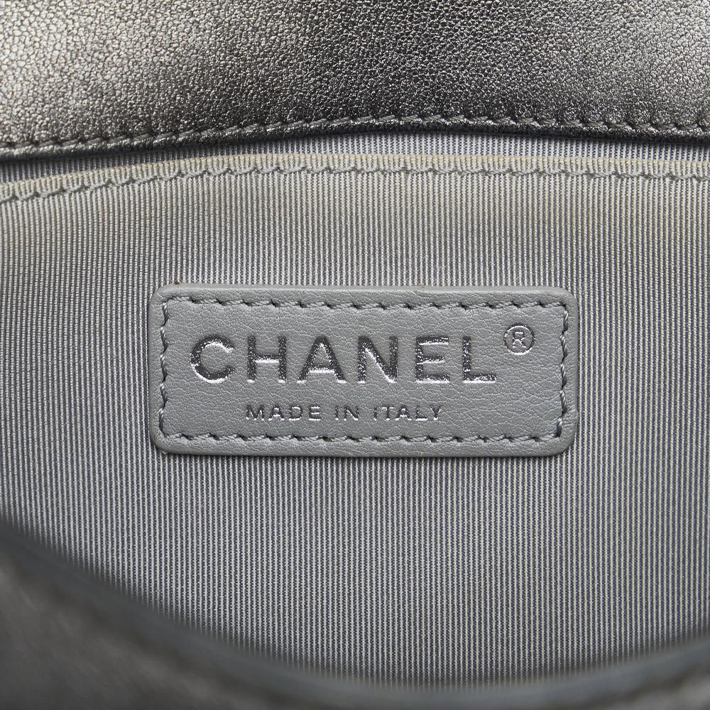 Chanel Gray Lambskin Leather Leather Old Medium Quilted Perforated Metallic Lambskin Boy Flap Italy