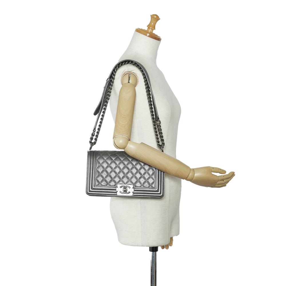 Chanel Gray Lambskin Leather Leather Old Medium Quilted Perforated Metallic Lambskin Boy Flap Italy
