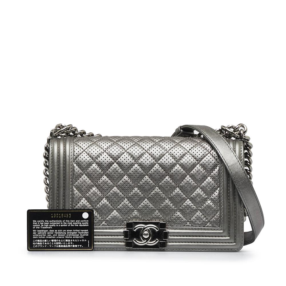 Chanel Gray Lambskin Leather Leather Old Medium Quilted Perforated Metallic Lambskin Boy Flap Italy
