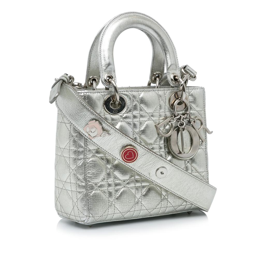 Christian Dior B Dior Silver Calf Leather Small Metallic Grained skin Cannage My ABCDior Lady Dior Italy