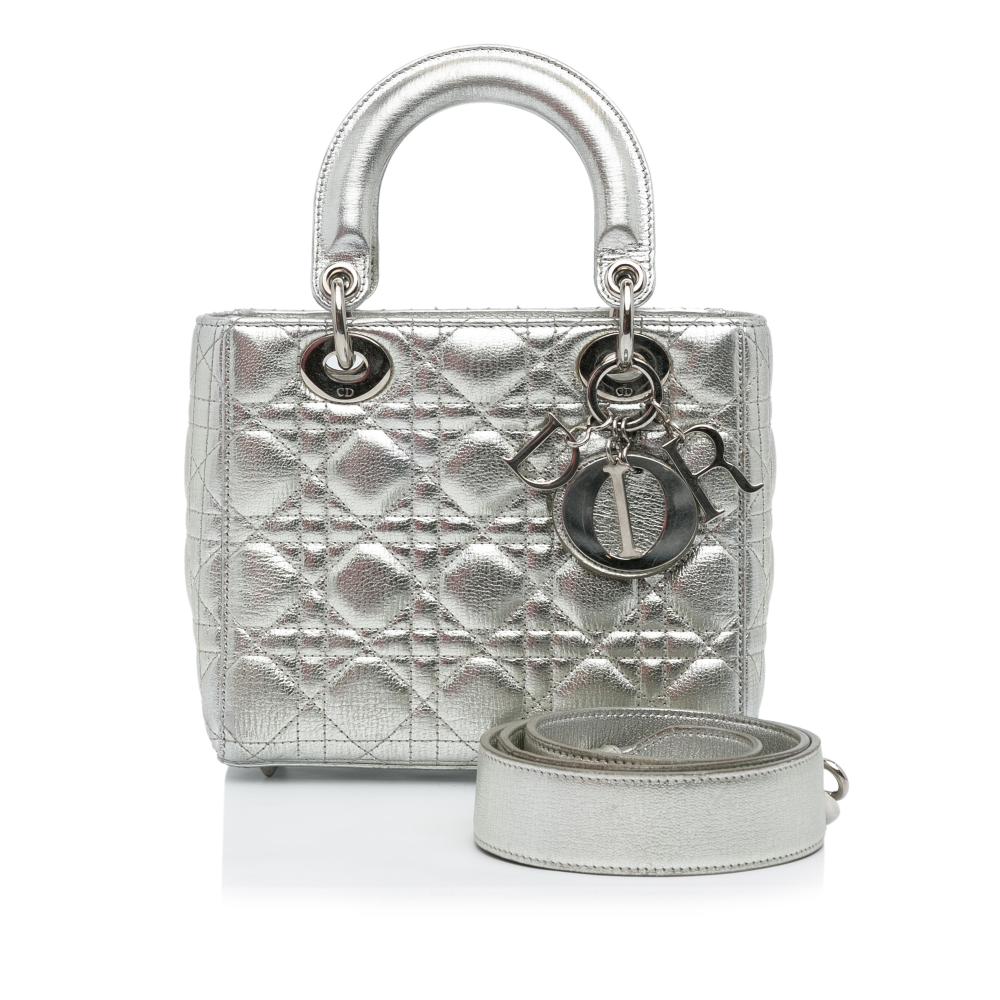Christian Dior B Dior Silver Calf Leather Small Metallic Grained skin Cannage My ABCDior Lady Dior Italy