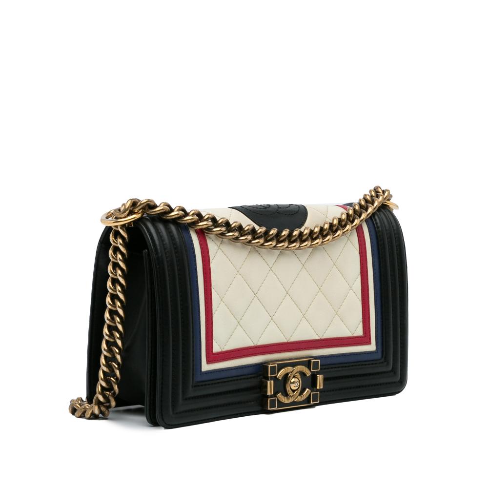 Chanel AB Chanel White with Black Lambskin Leather Leather Crest-Embellished Medium Boy Bag Italy