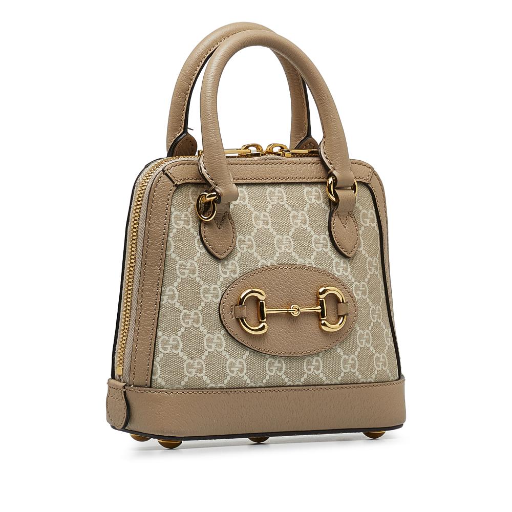 Gucci B Gucci Brown Beige Coated Canvas Fabric Mini GG Supreme Horsebit 1955 Satchel Italy