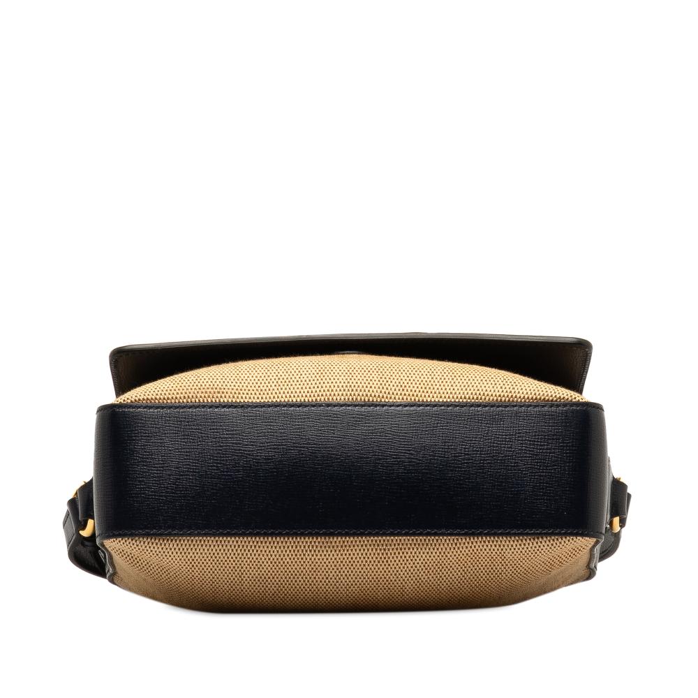 Gucci B Gucci Brown Beige with Blue Midnight Blue Canvas Fabric Horsebit 1955 Flap Pocket Camera Bag Italy