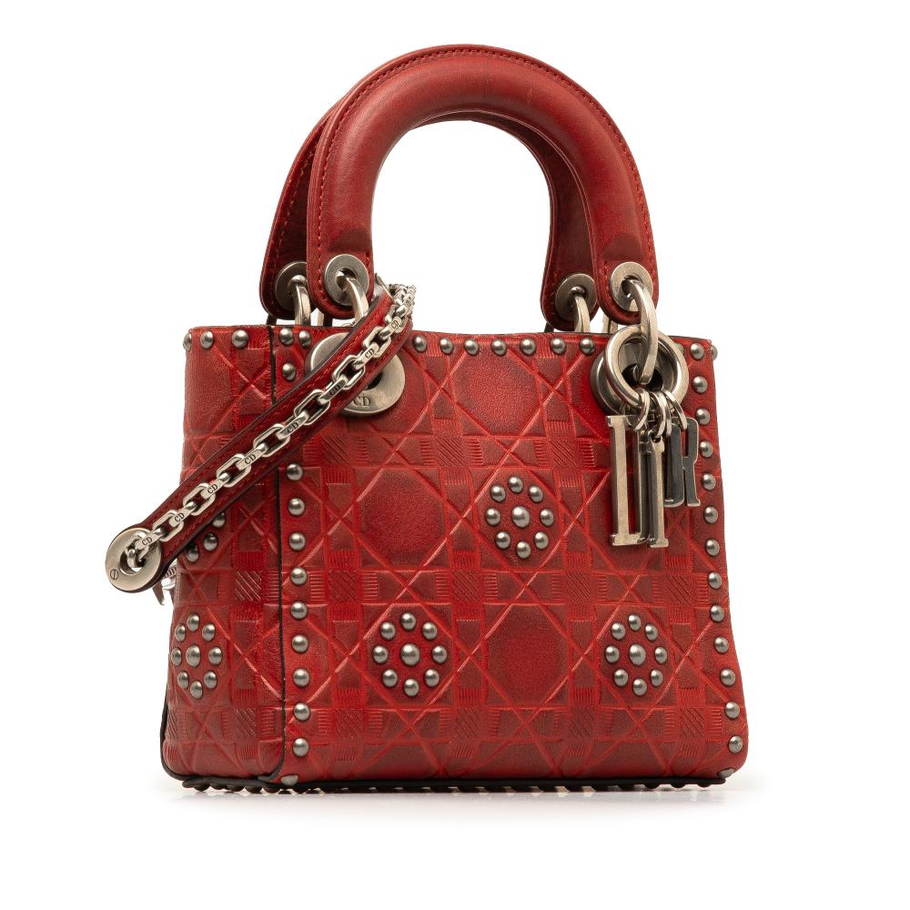 Christian Dior B Dior Red Calf Leather Mini Embossed skin Cannage Studded Flower Lady Dior Italy