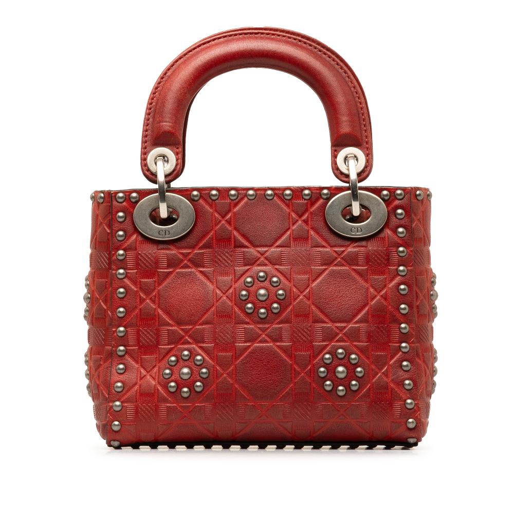 Christian Dior B Dior Red Calf Leather Mini Embossed skin Cannage Studded Flower Lady Dior Italy