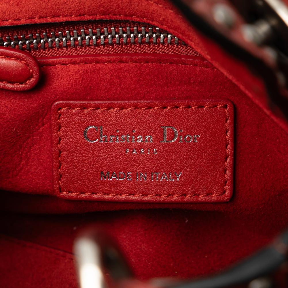 Christian Dior B Dior Red Calf Leather Mini Embossed skin Cannage Studded Flower Lady Dior Italy