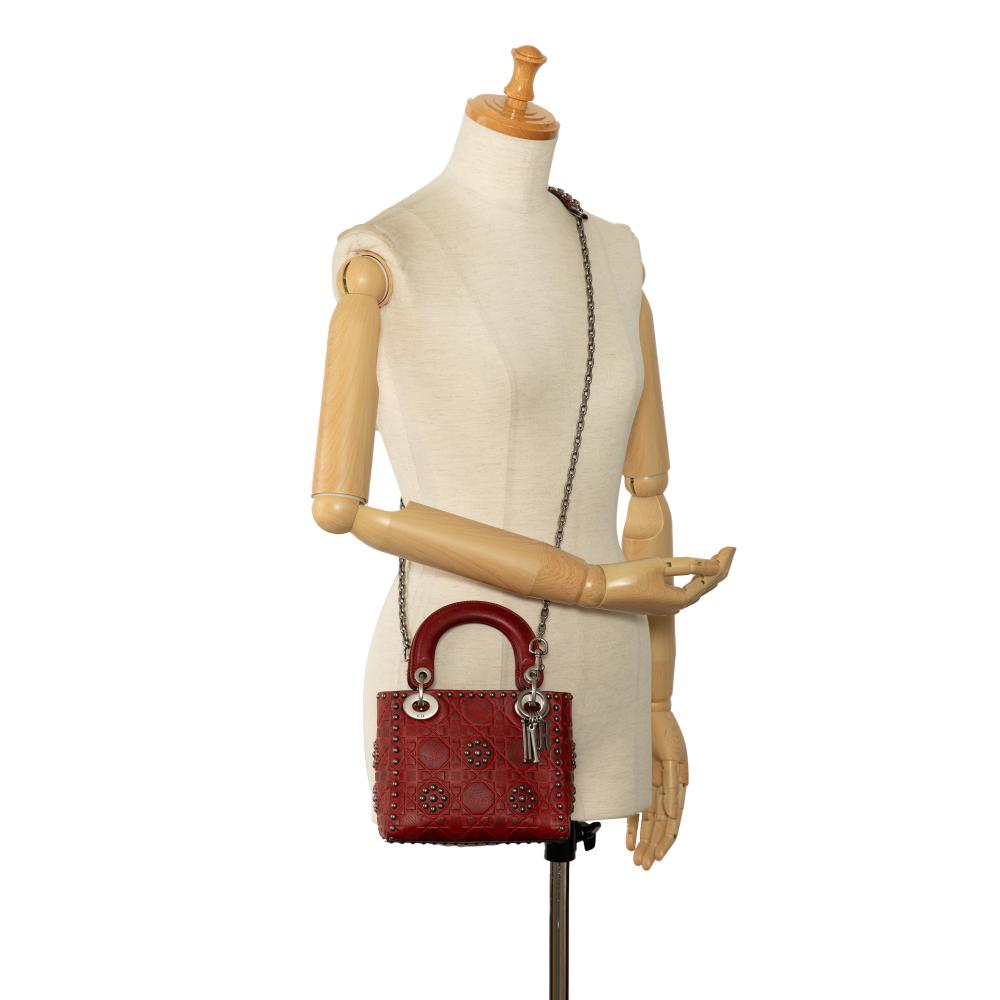 Christian Dior B Dior Red Calf Leather Mini Embossed skin Cannage Studded Flower Lady Dior Italy