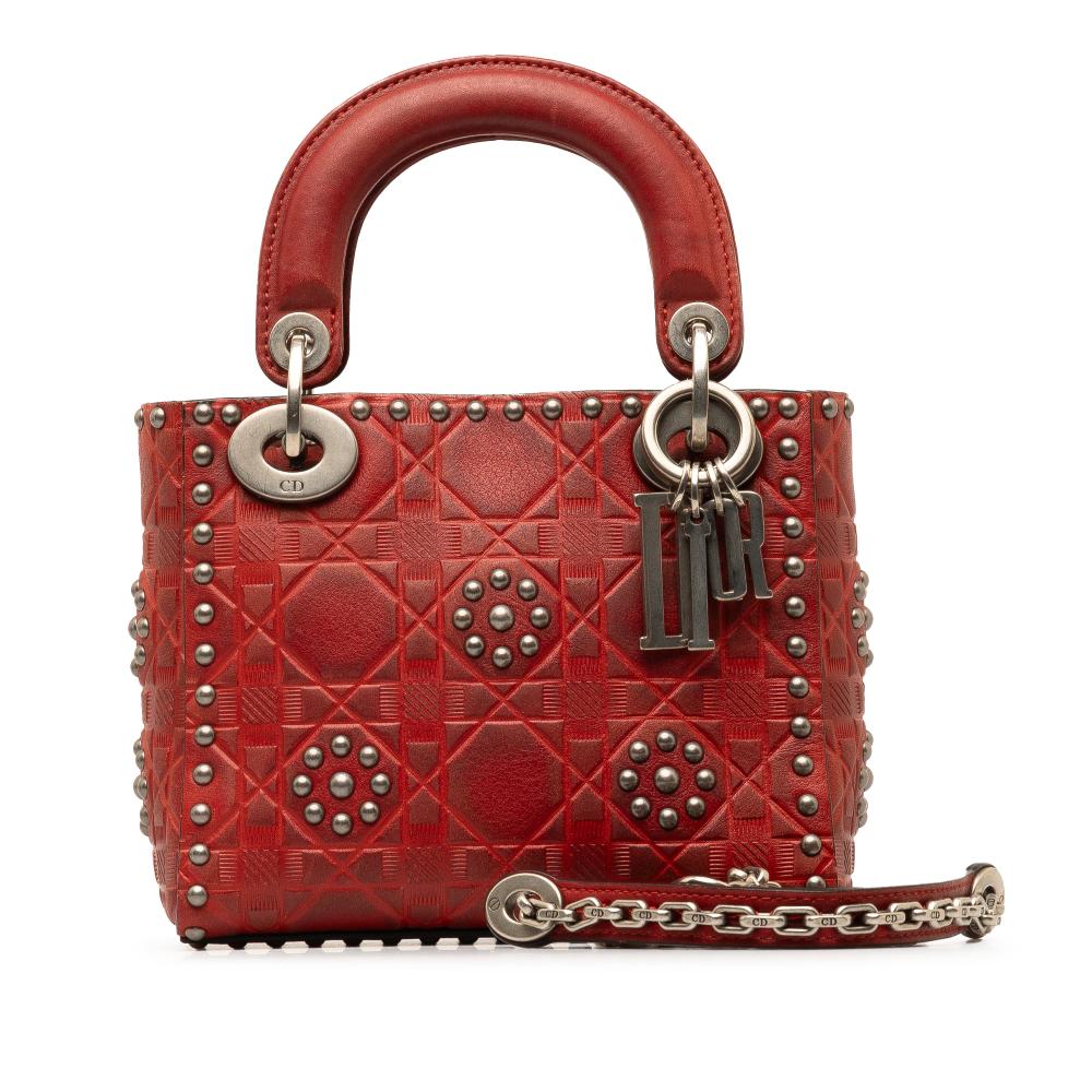 Christian Dior B Dior Red Calf Leather Mini Embossed skin Cannage Studded Flower Lady Dior Italy