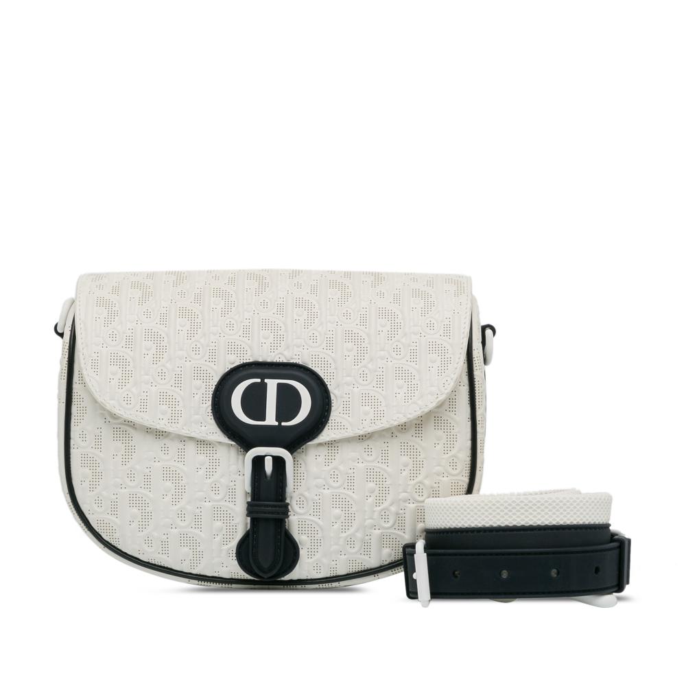 Christian Dior B Dior White Calf Leather Medium Perforated skin Oblique Bobby Flap Italy