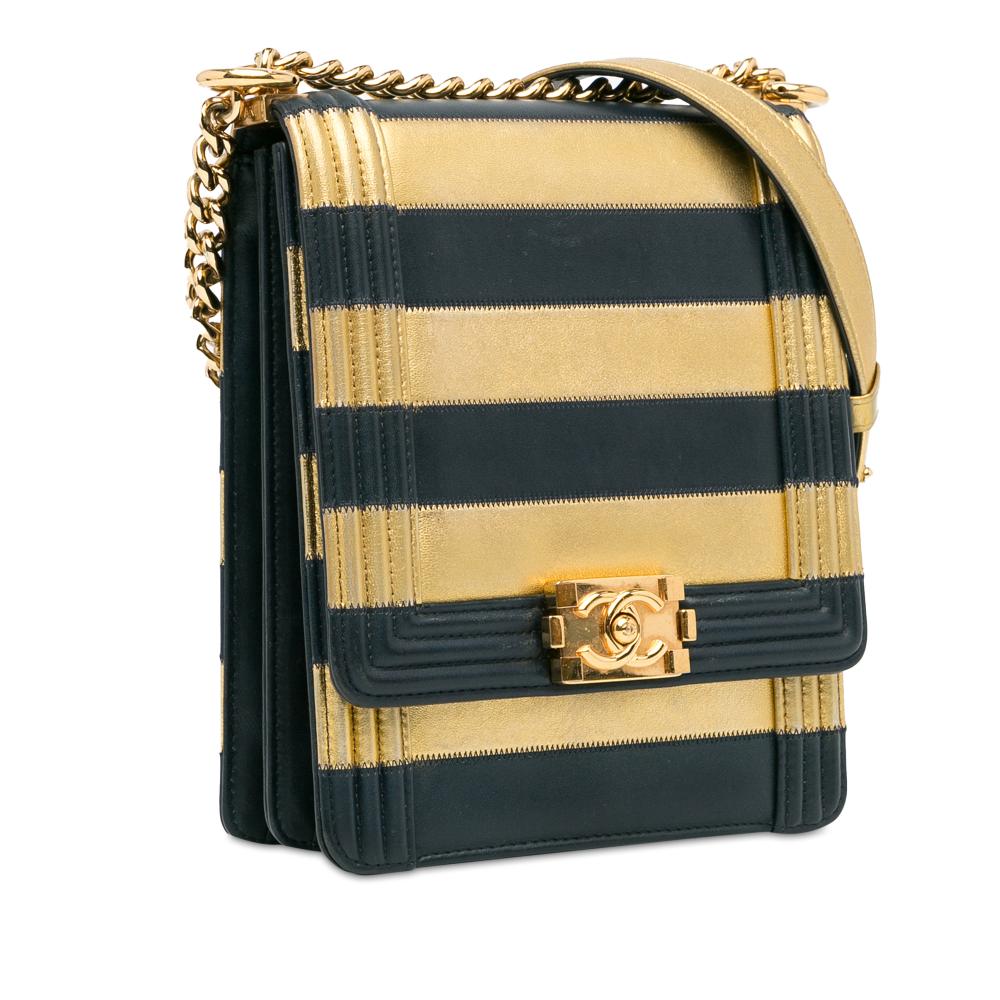 Chanel Gold Paris New York Metallic Lambskin Striped North South Boy Flap Italy