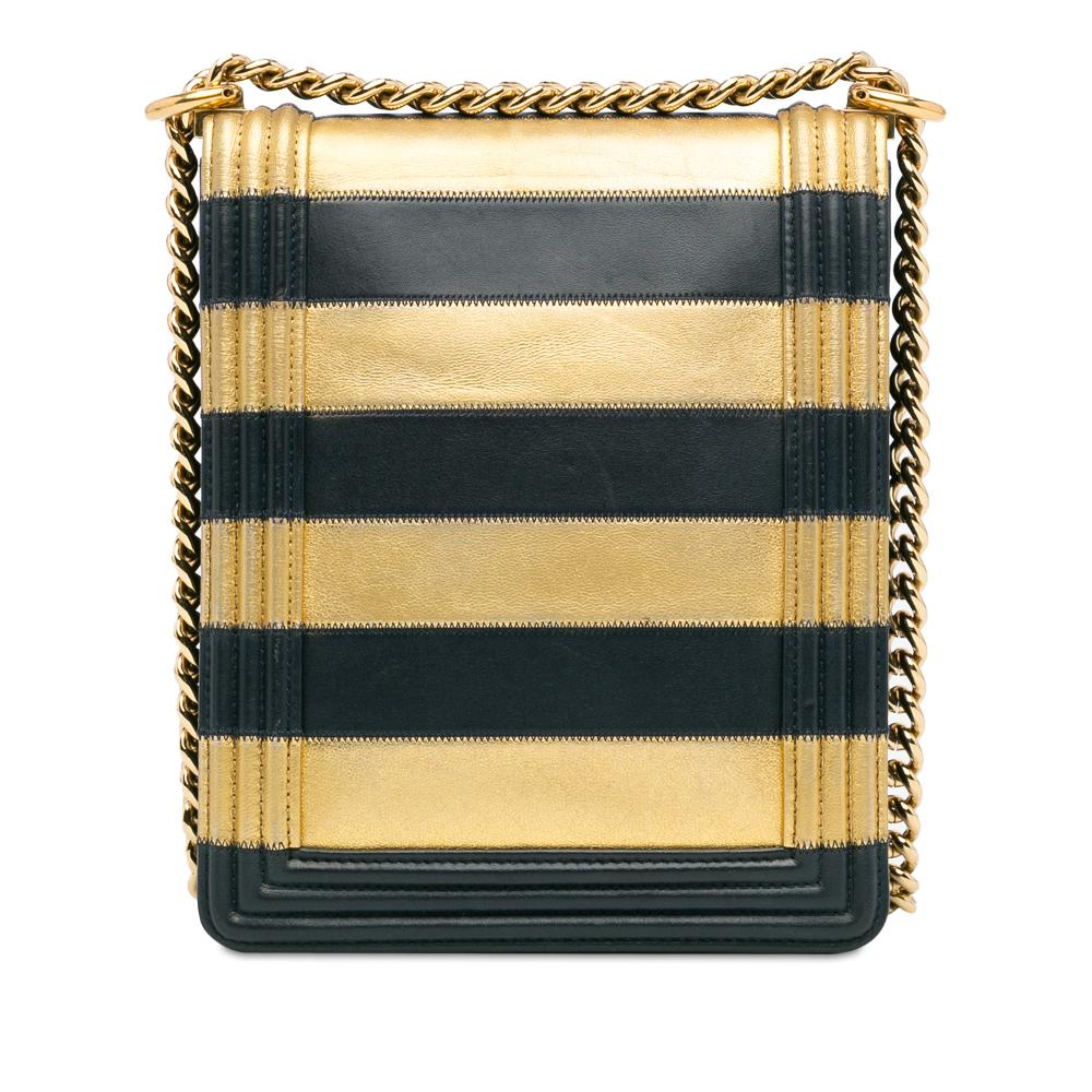 Chanel Gold Paris New York Metallic Lambskin Striped North South Boy Flap Italy