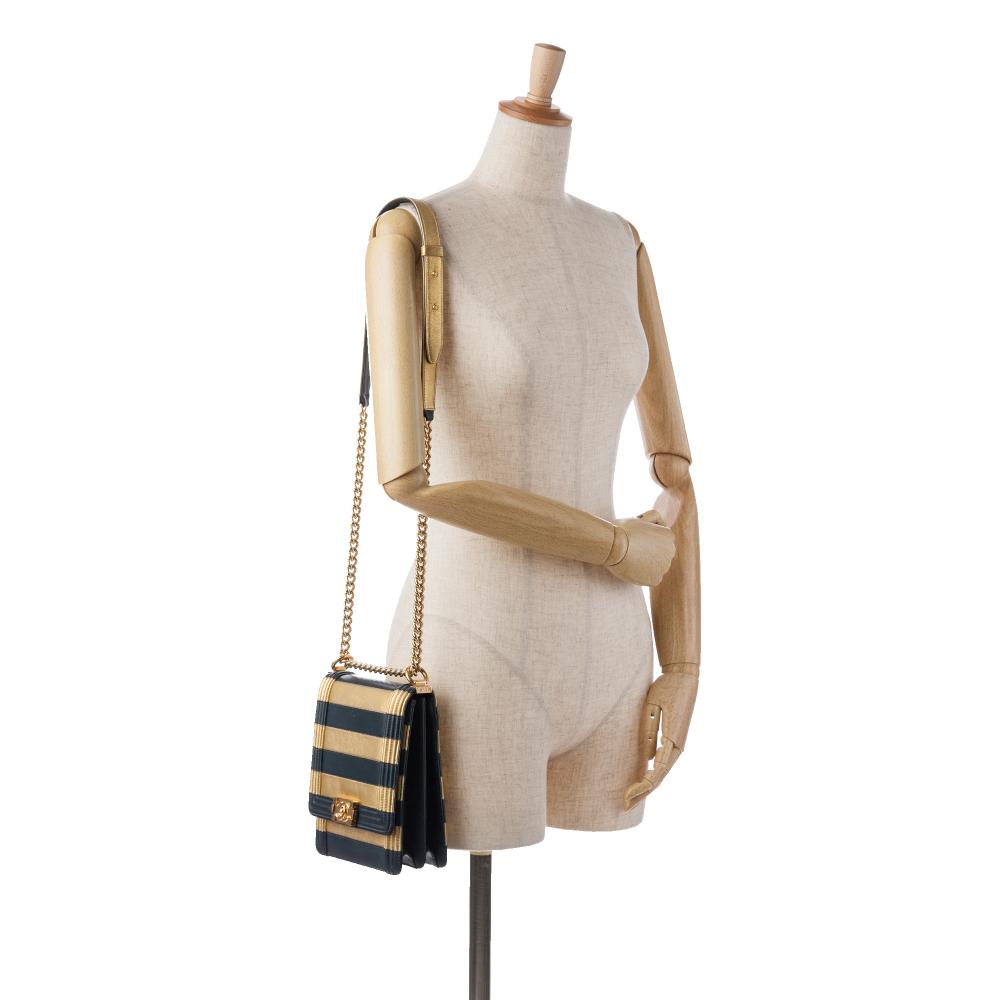 Chanel Gold Paris New York Metallic Lambskin Striped North South Boy Flap Italy