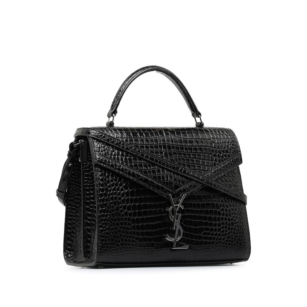 Saint Laurent B Saint Laurent Black Calf Leather Medium Crocodile Embossed Cassandra Top Handle Bag Italy