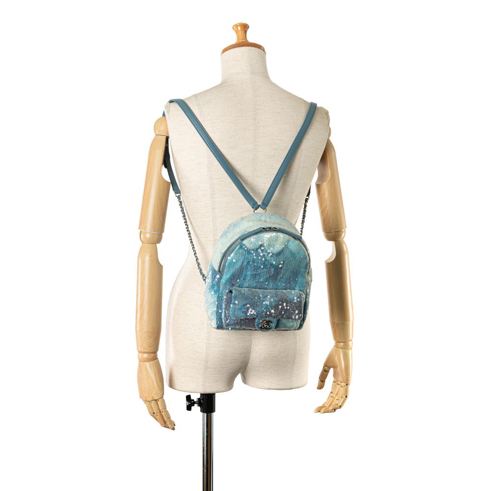 Chanel AB Chanel Blue Light Blue Mesh Fabric Mini Sequins and Lambskin Waterfall Backpack Italy