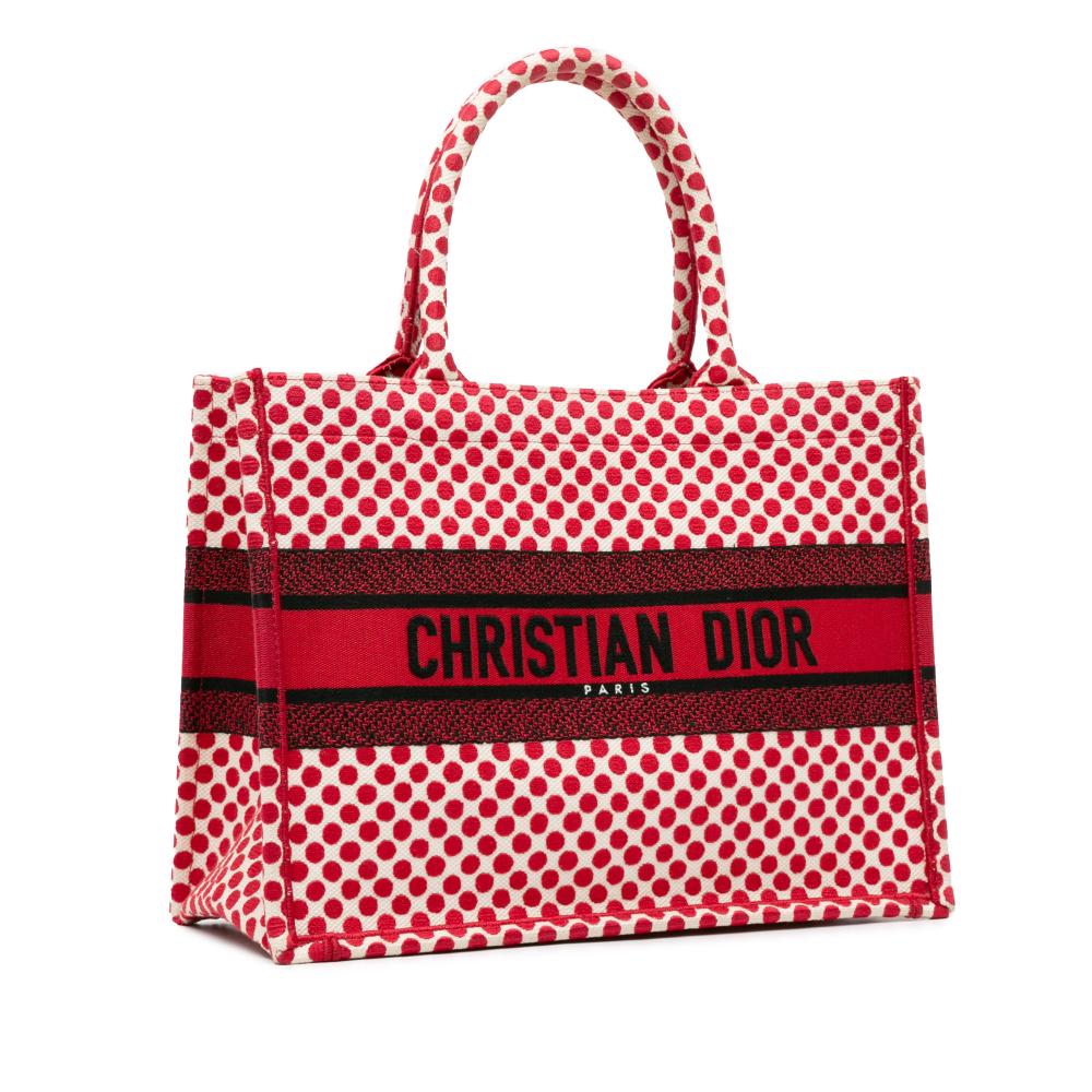 Christian Dior AB Dior Red Canvas Fabric DiorAmour Medium Embroidered Dots Book Tote Italy