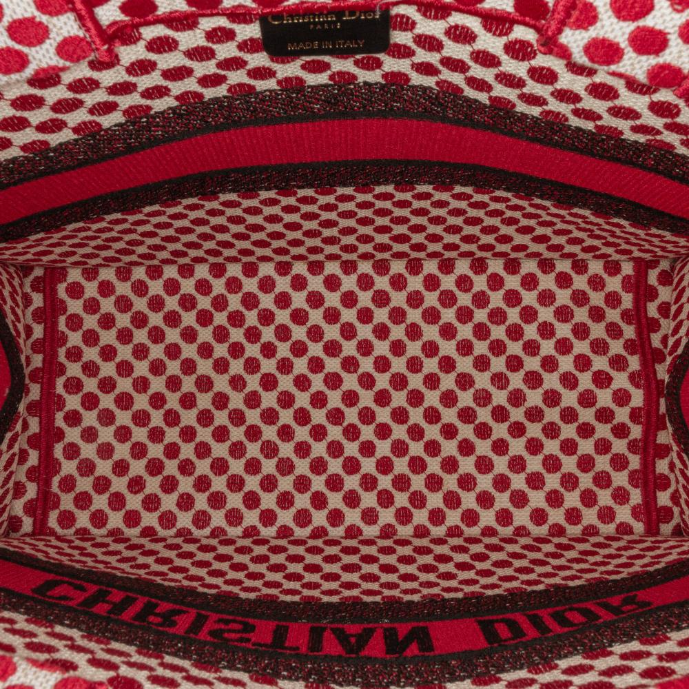 Christian Dior AB Dior Red Canvas Fabric DiorAmour Medium Embroidered Dots Book Tote Italy