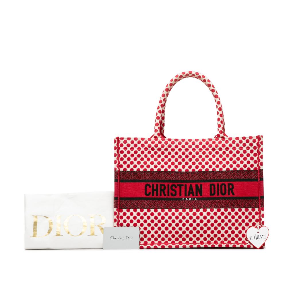 Christian Dior AB Dior Red Canvas Fabric DiorAmour Medium Embroidered Dots Book Tote Italy