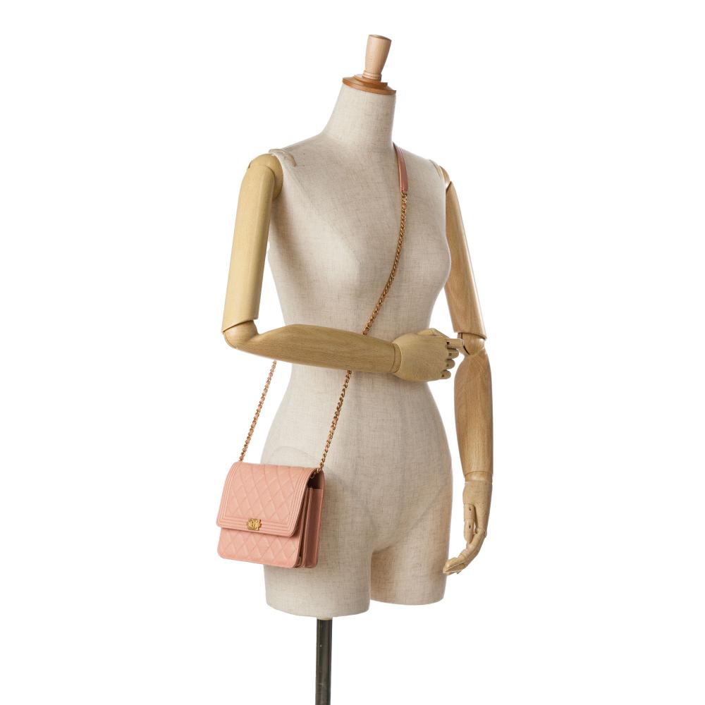 Chanel B Chanel Pink Caviar Leather Leather Quilted Caviar Square Boy Wallet On Chain Italy