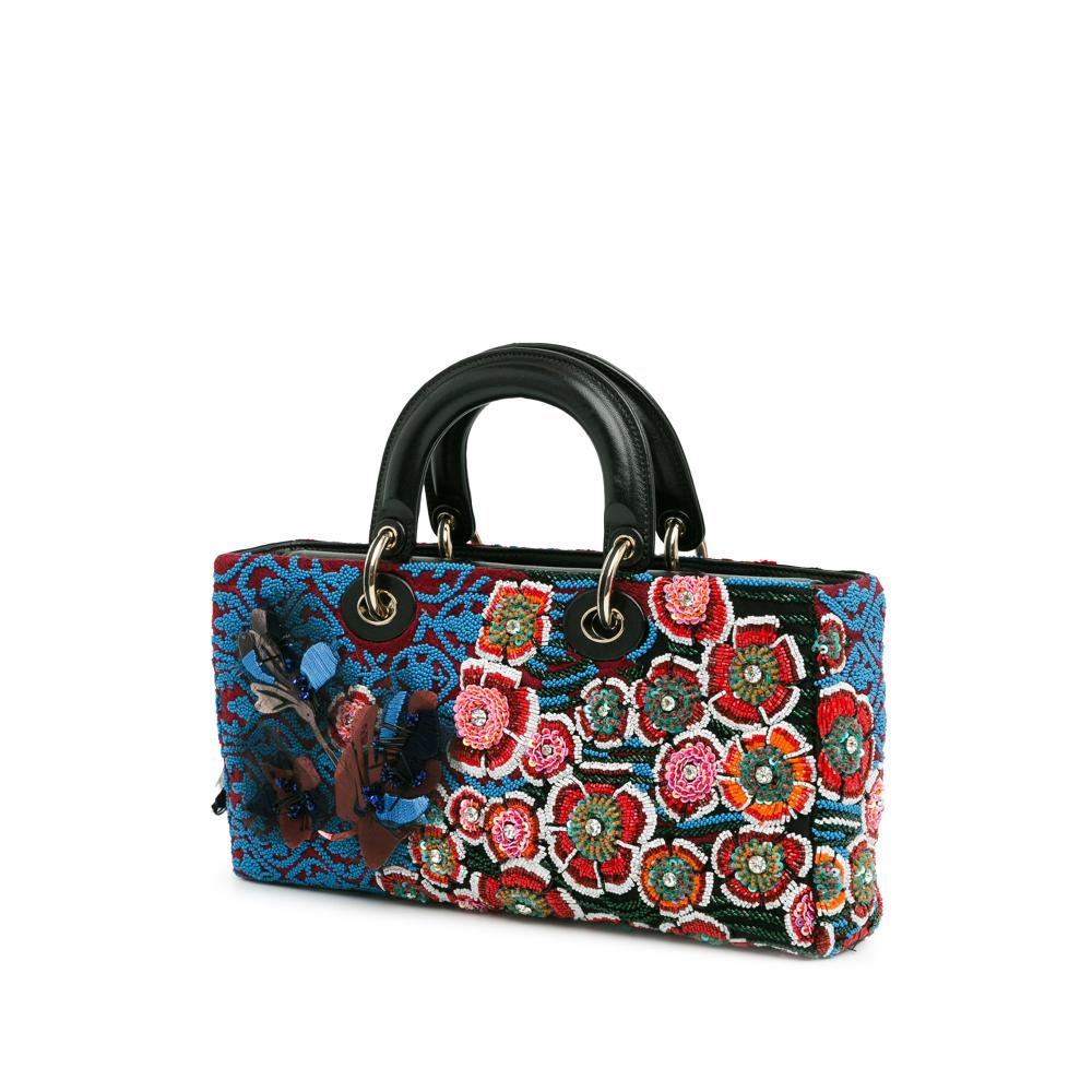 Christian Dior B Dior Blue Calf Leather Medium Beaded Ribbon Embroidered Floral Lady D Joy Italy