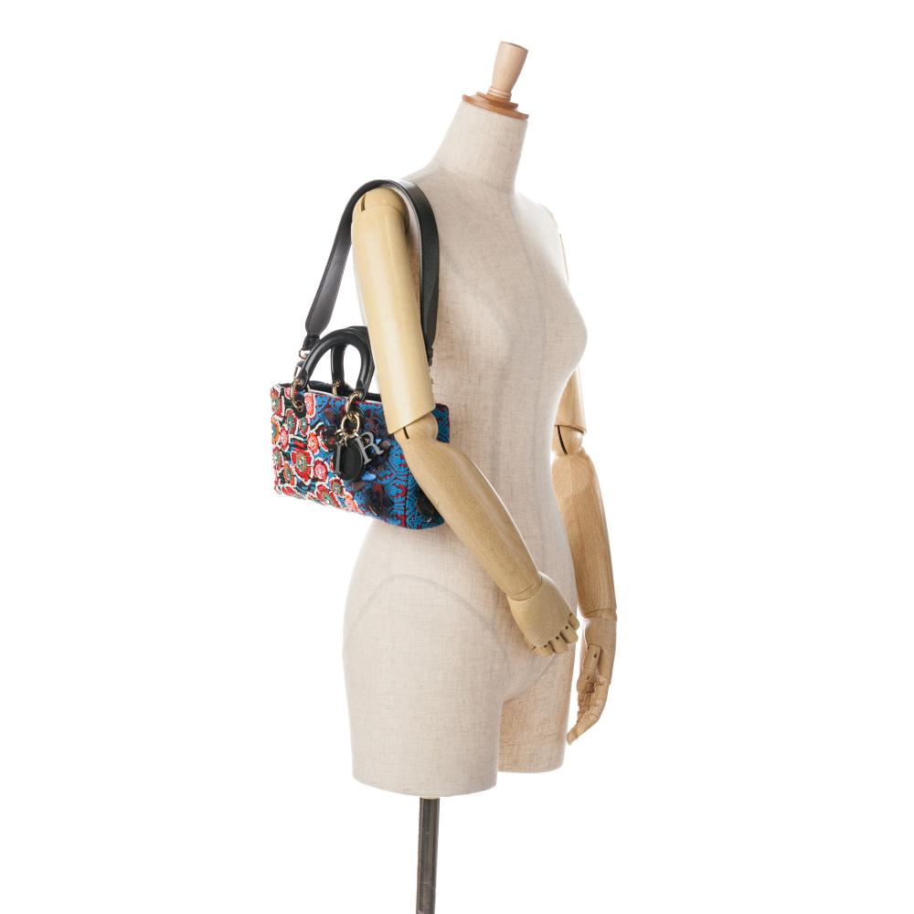 Christian Dior B Dior Blue Calf Leather Medium Beaded Ribbon Embroidered Floral Lady D Joy Italy