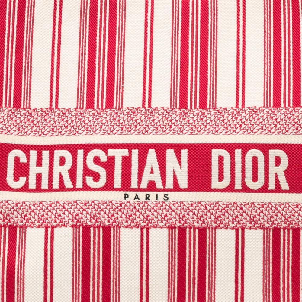 Christian Dior B Dior Red Canvas Fabric Large Striped Book Tote Italy