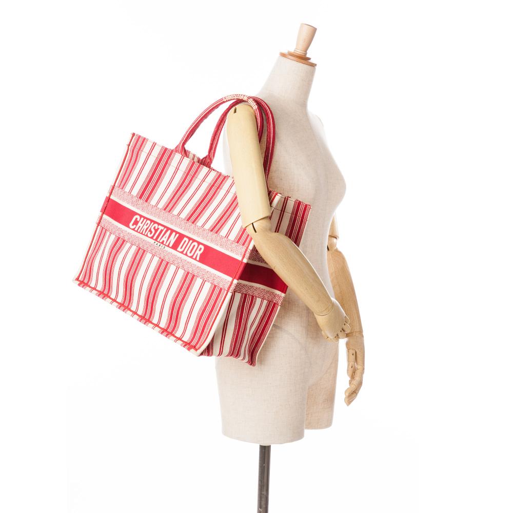 Christian Dior B Dior Red Canvas Fabric Large Striped Book Tote Italy