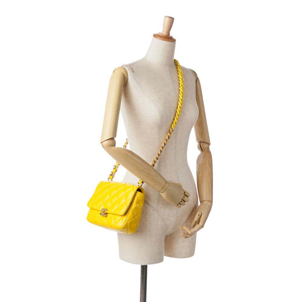 Chanel B Chanel Yellow Lambskin Leather Leather Small Quilted Lambskin Candy Chain Flap Italy