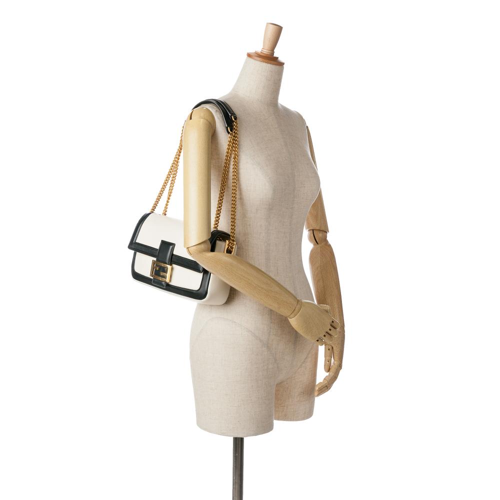 Fendi B Fendi White with Black Calf Leather Bicolor Chain Baguette Italy