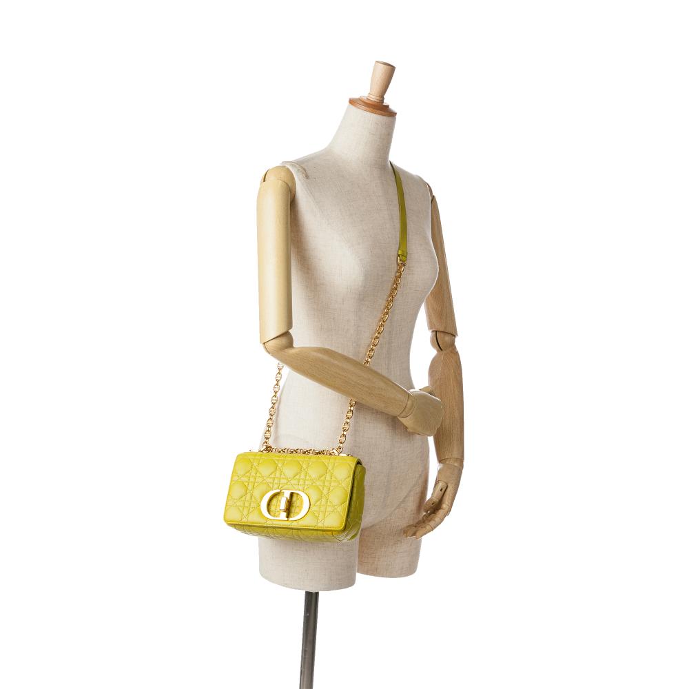 Christian Dior B Dior Yellow Neon Yellow Calf Leather Small skin Cannage Caro Bag Italy
