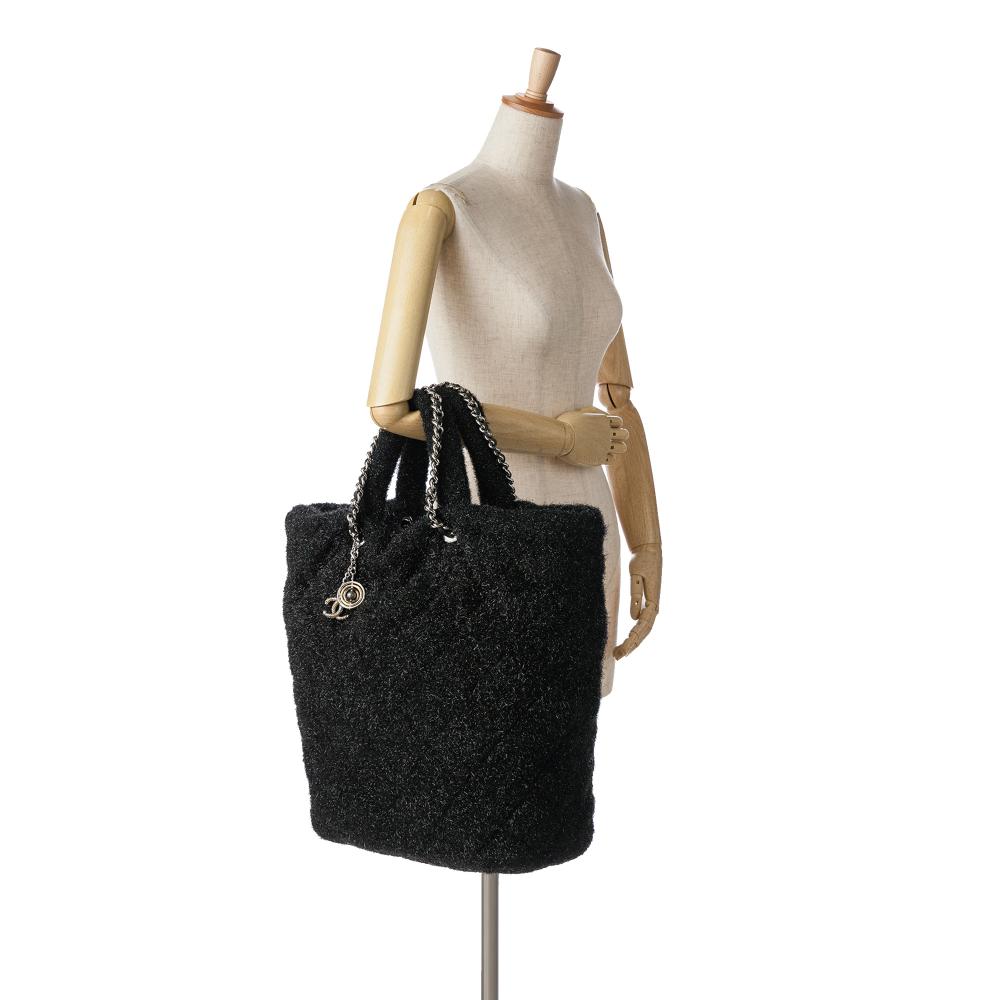 Chanel AB Chanel Black Polyester Fabric Large Quilted Knit Pluto Glitter Satchel Italy