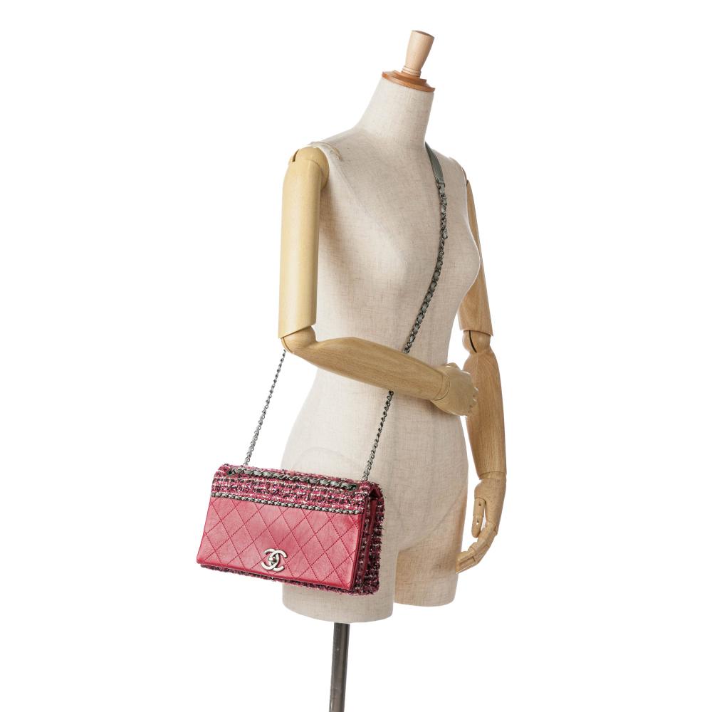 Chanel B Chanel Red Lambskin Leather Leather CC Lambskin and Tweed Flap Italy