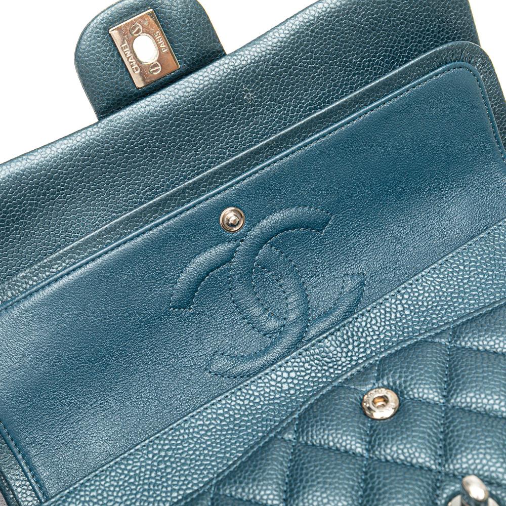 Chanel B Chanel Blue Peacock Caviar Leather Leather Medium Classic Caviar Double Flap France
