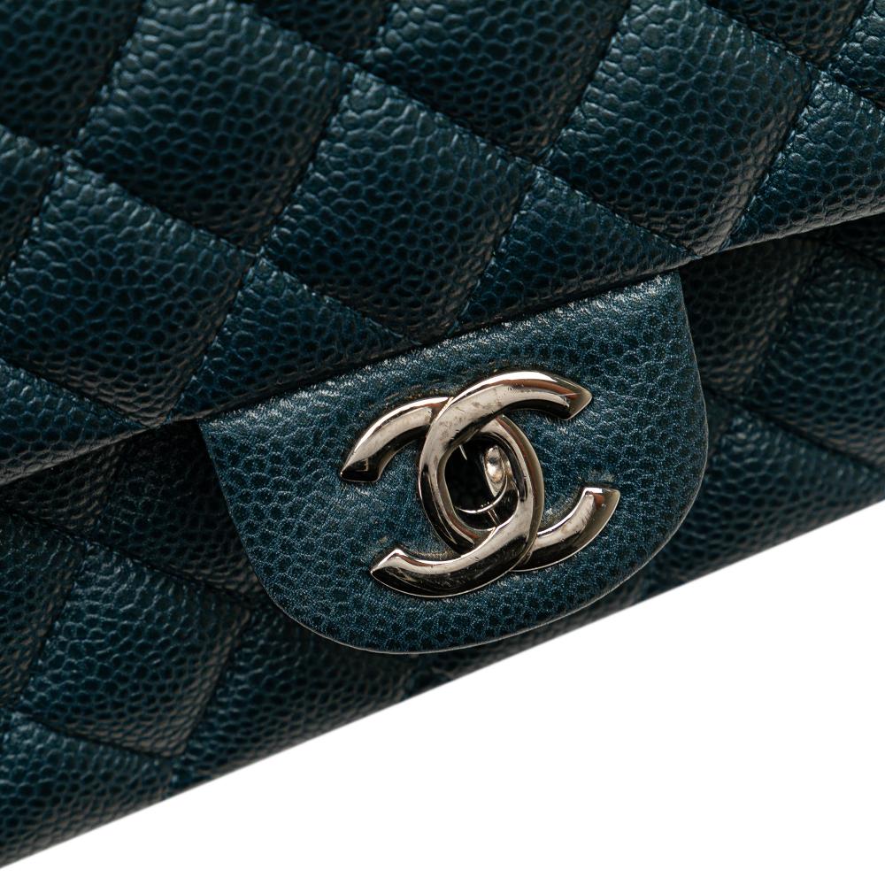 Chanel B Chanel Blue Peacock Caviar Leather Leather Medium Classic Caviar Double Flap France