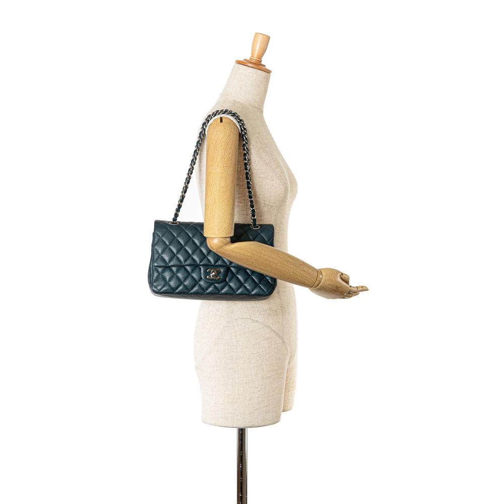 Chanel B Chanel Blue Peacock Caviar Leather Leather Medium Classic Caviar Double Flap France