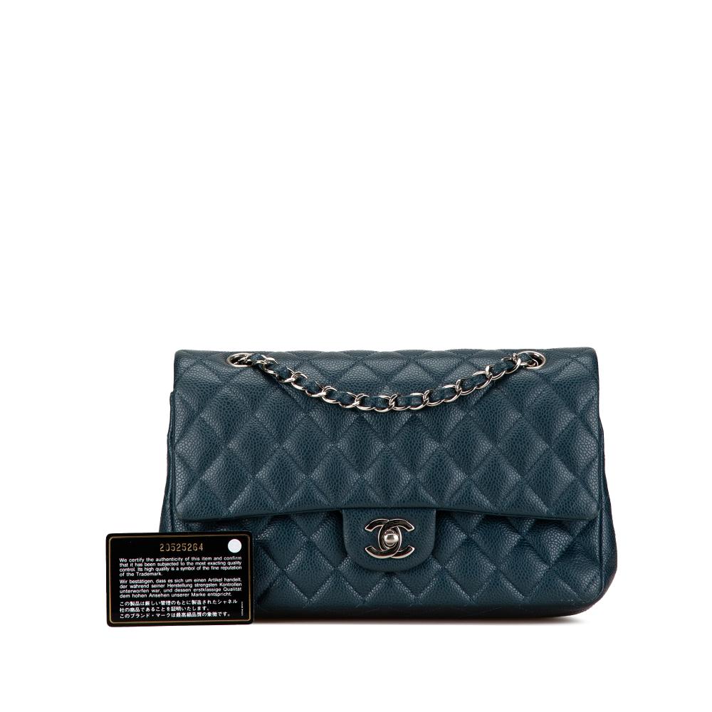 Chanel B Chanel Blue Peacock Caviar Leather Leather Medium Classic Caviar Double Flap France