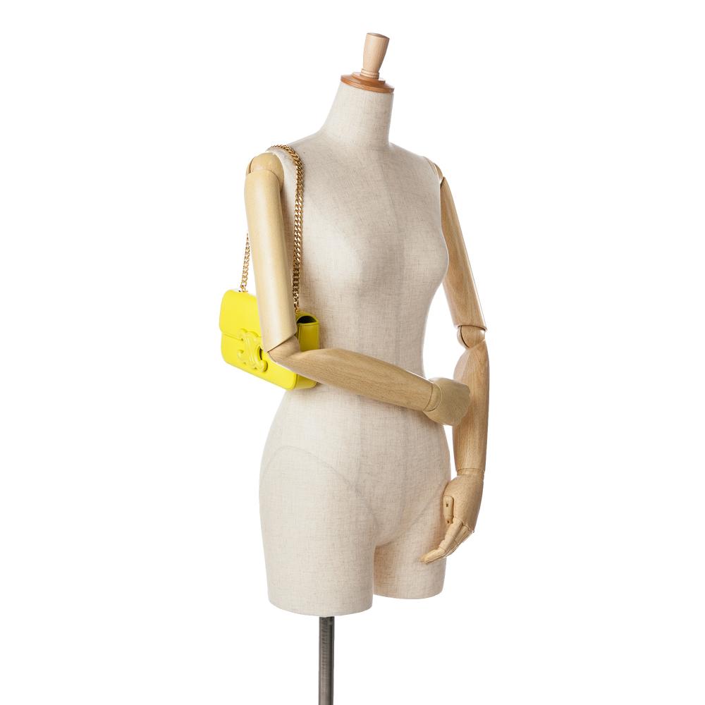 Celine B Celine Yellow Neon Yellow Calf Leather skin Cuir Triomphe Chain Shoulder Bag Italy