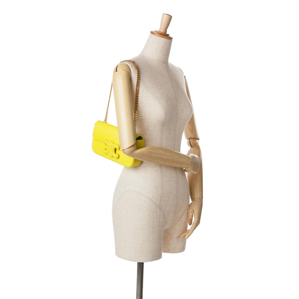 Celine B Celine Yellow Neon Yellow Calf Leather skin Cuir Triomphe Chain Shoulder Bag Italy