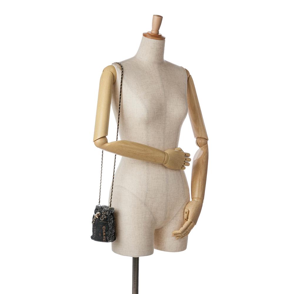 Chanel B Chanel Gray Charcoal Denim Fabric Mini Mood Bucket with Chain France