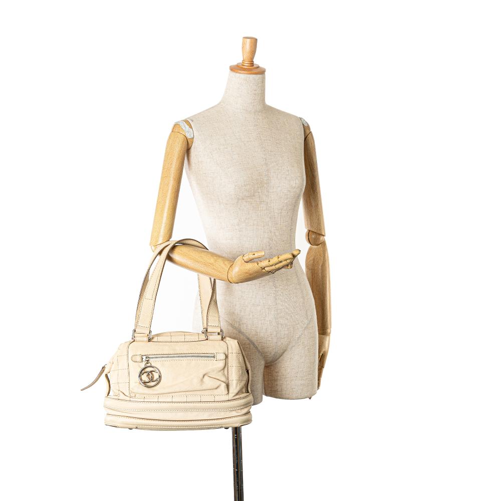 Chanel B Chanel Brown Light Beige Goatskin Leather Square Stitch Essential Bowler Italy