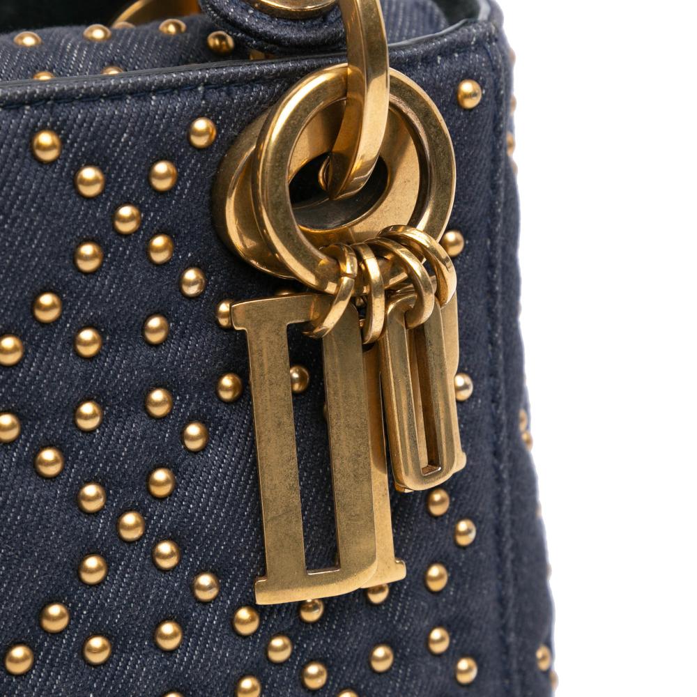 Christian Dior B Dior Blue Navy Denim Fabric Mini Cannage Studded Supple Lady Dior Italy