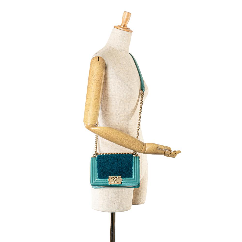 Chanel B Chanel Blue Turquoise Fur Natural Material Small Shearling Boy Flap Italy