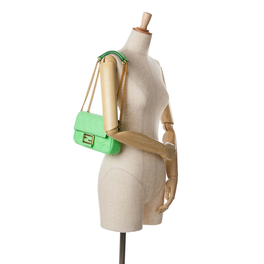 Fendi B Fendi Green Light Green Calf Leather Zucca Embossed Chain Midi Baguette Italy